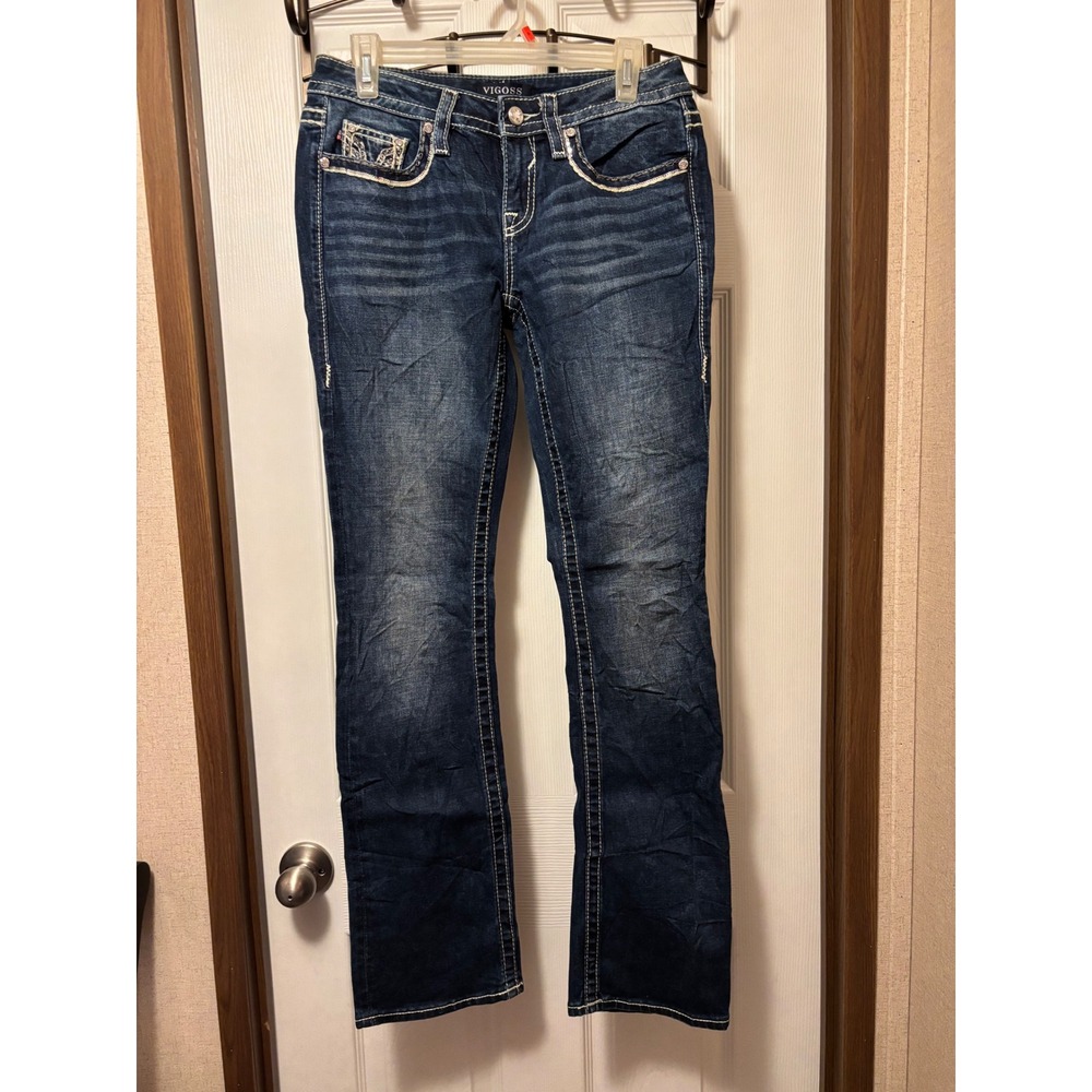 Vigoss Heritage Fit Slim Bootcut Jeans Dark Wash Sequin Pockets Womens 4 L32